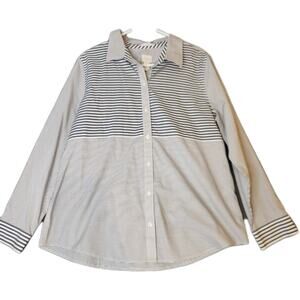 Chico’s Dark Gray Blue & White Striped Non‎ Iron Button Down Shirt Sz 2 Large